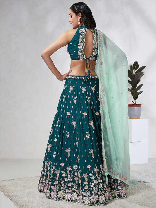 Green Georgette Sequins and thread embroidery Lehenga