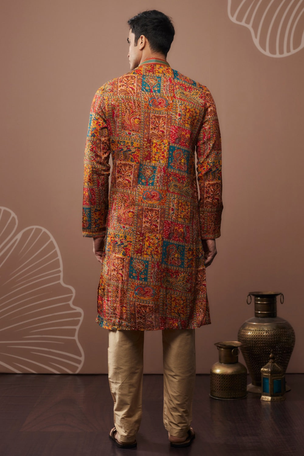 Orange silk kurta & pajama with colourful hand & machine work