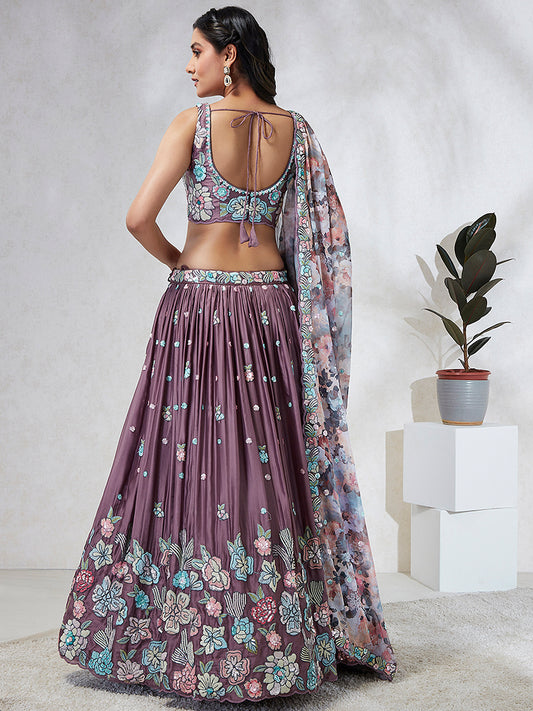 Dark Lavender Georgette Sequins and thread embroidery Lehenga