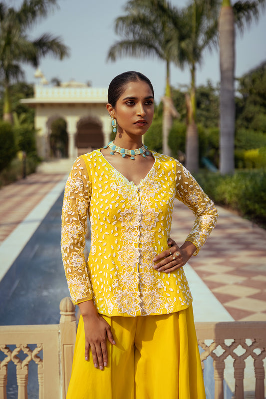 Aria Yellow Net Sequins Embroidered Ajooba Sharara Set