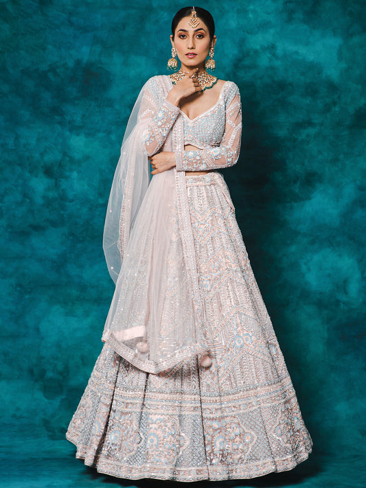 Pink Heavy Sequence & Pearl Work Net Bridal Lehenga Choli