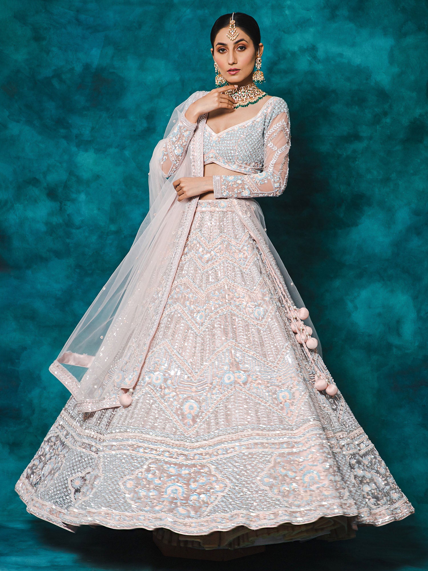 Pink Heavy Sequence Pearl Work Net Bridal Lehenga Choli MIHAZ014