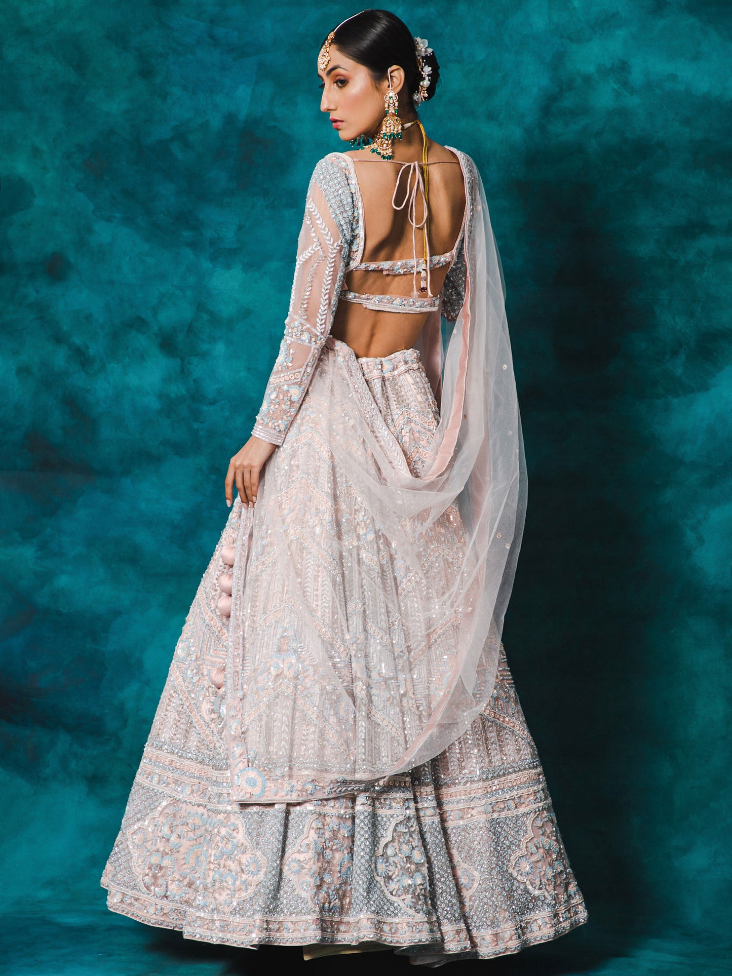 Pink Heavy Sequence & Pearl Work Net Bridal Lehenga Choli