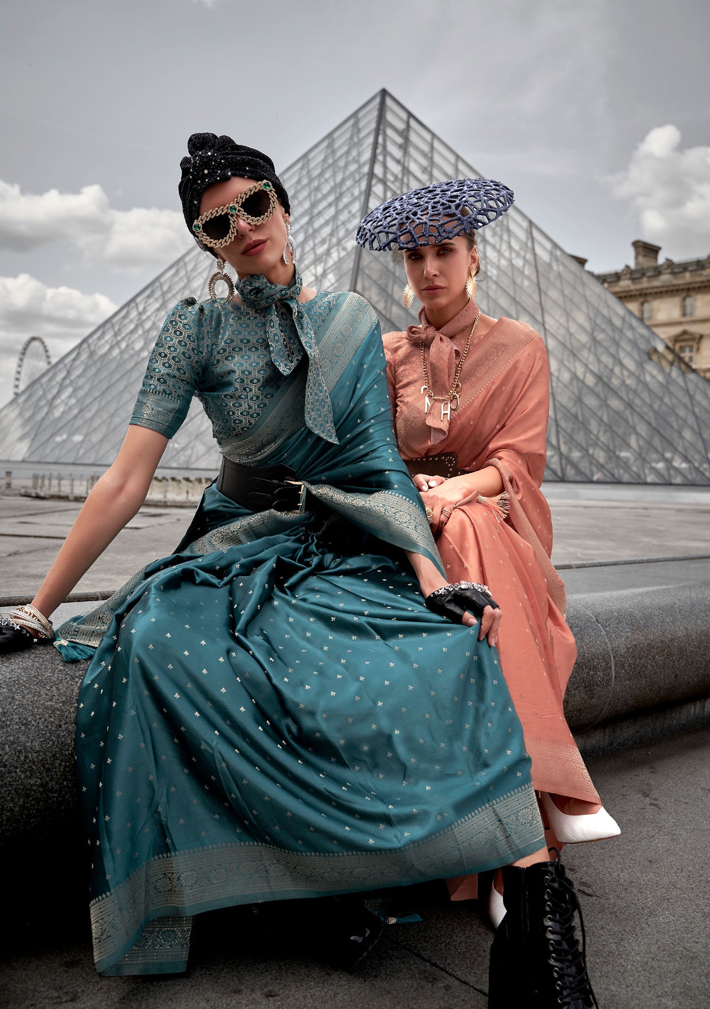 Teal Green Kamzah Silk Pure Satin Nylon Handloom saree