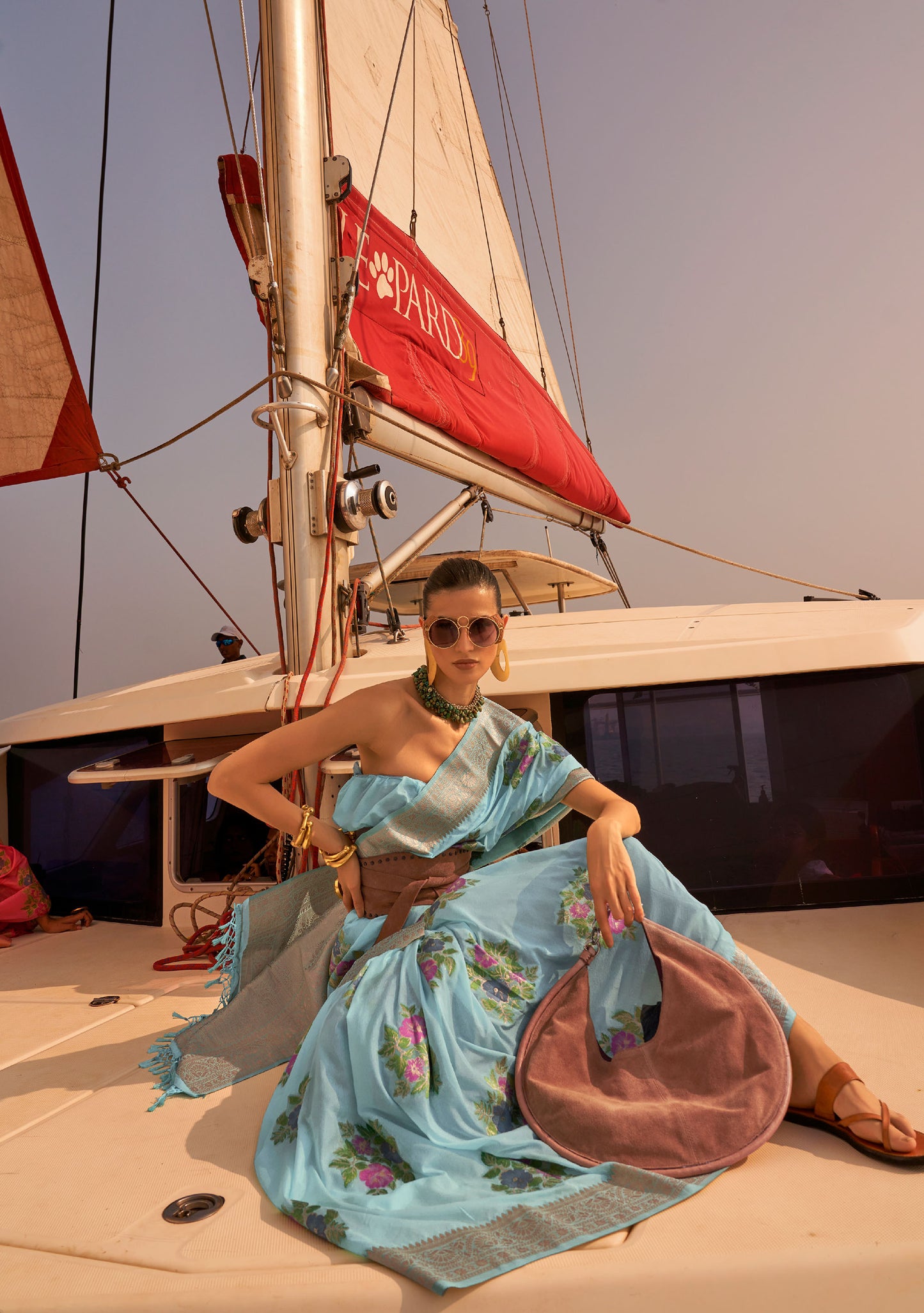 Sky Blue Khibaa Silk Chinnon Nylon Handloom Saree