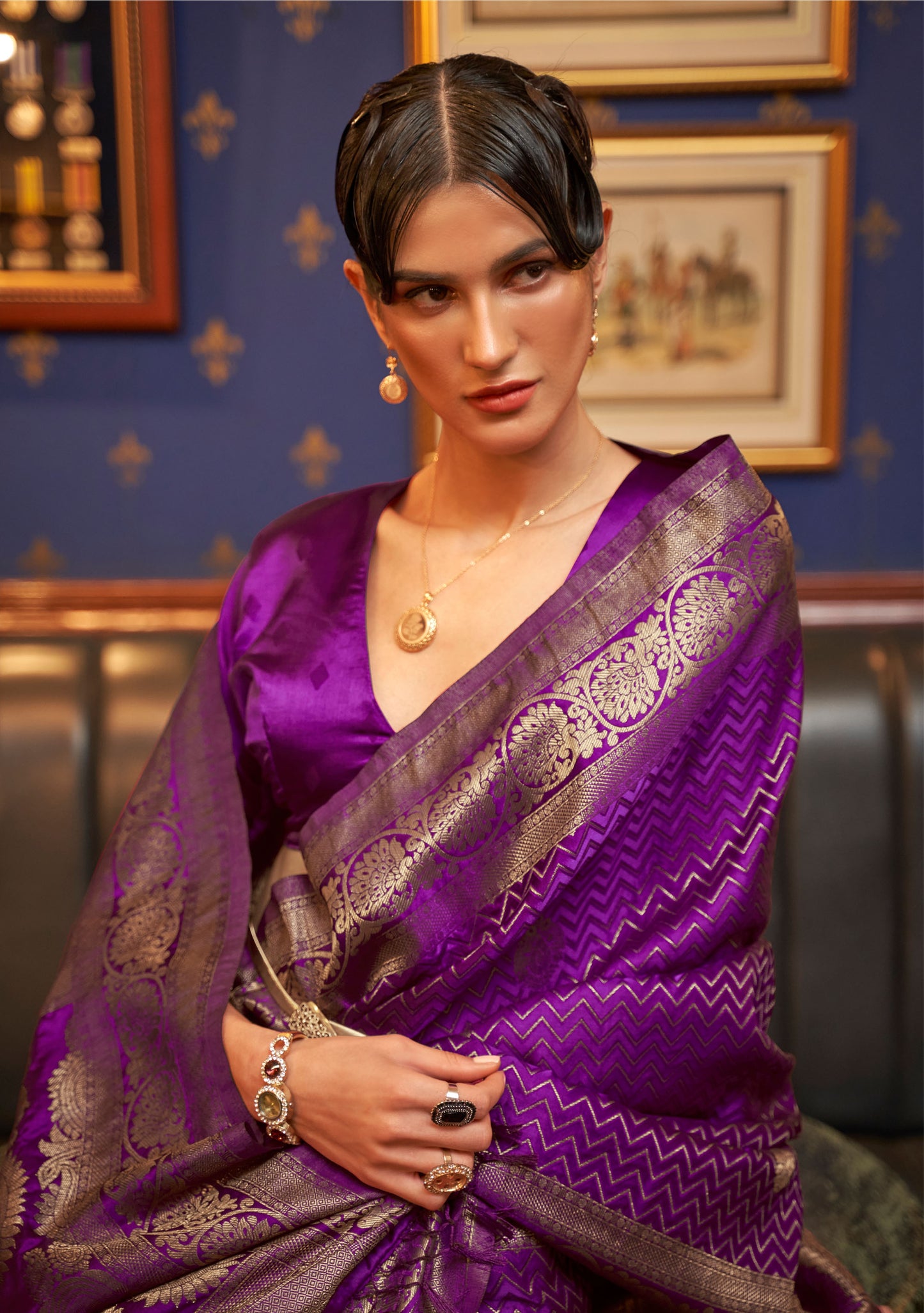 Purple Kazel Satin Silk Woven Saree
