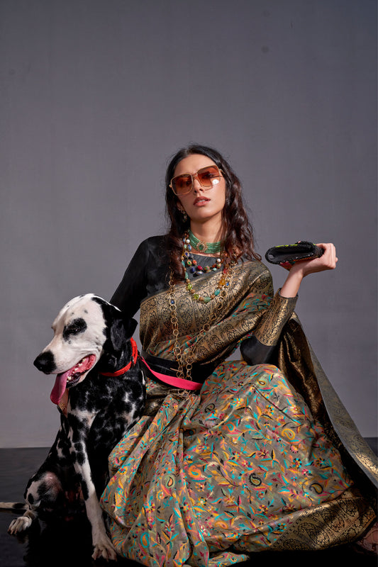 Greenish Gold color Knaaz Modal Kashmiri Chaap Handloom Saree