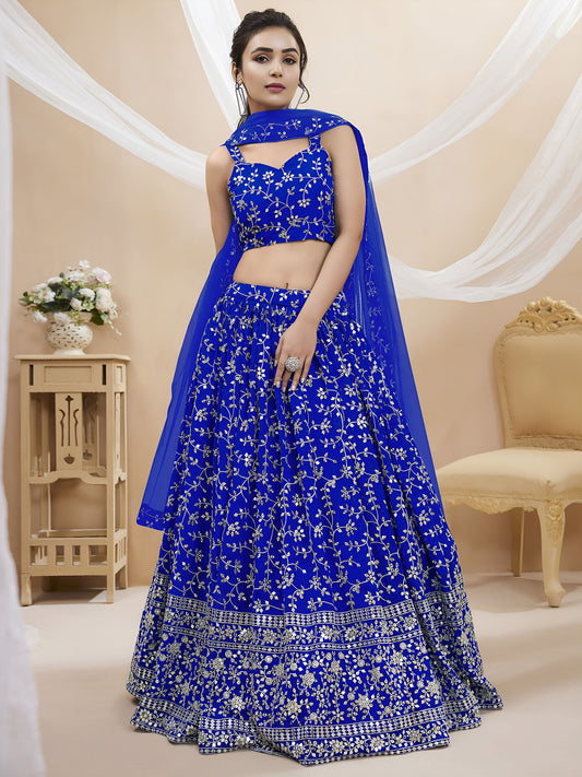 Royal Blue Sequins Zari Embroidered Georgette Bridesmaid Lehenga for Wedding