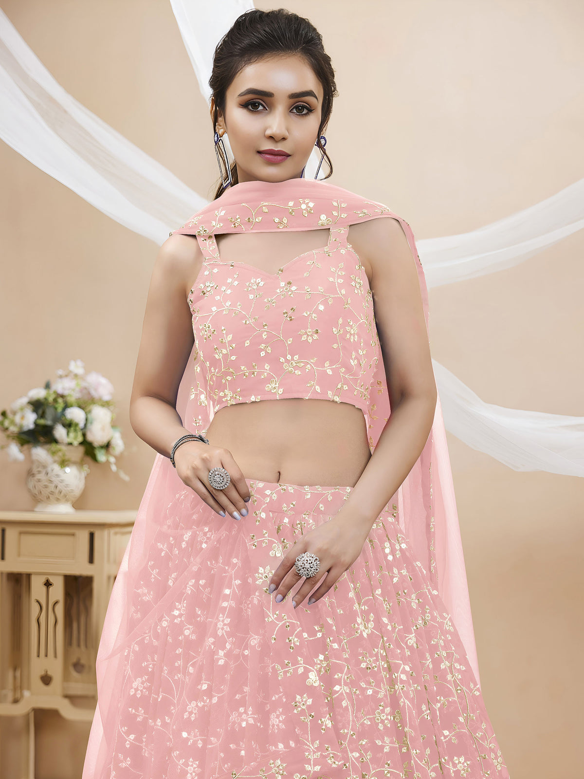 Pink Sequins Zari Embroidered Georgette Lehenga for Wedding Guest