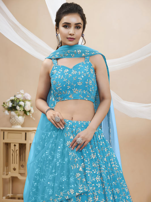 Sky Blue Sequins Zari Embroidered Georgette Lehenga for Wedding Guest