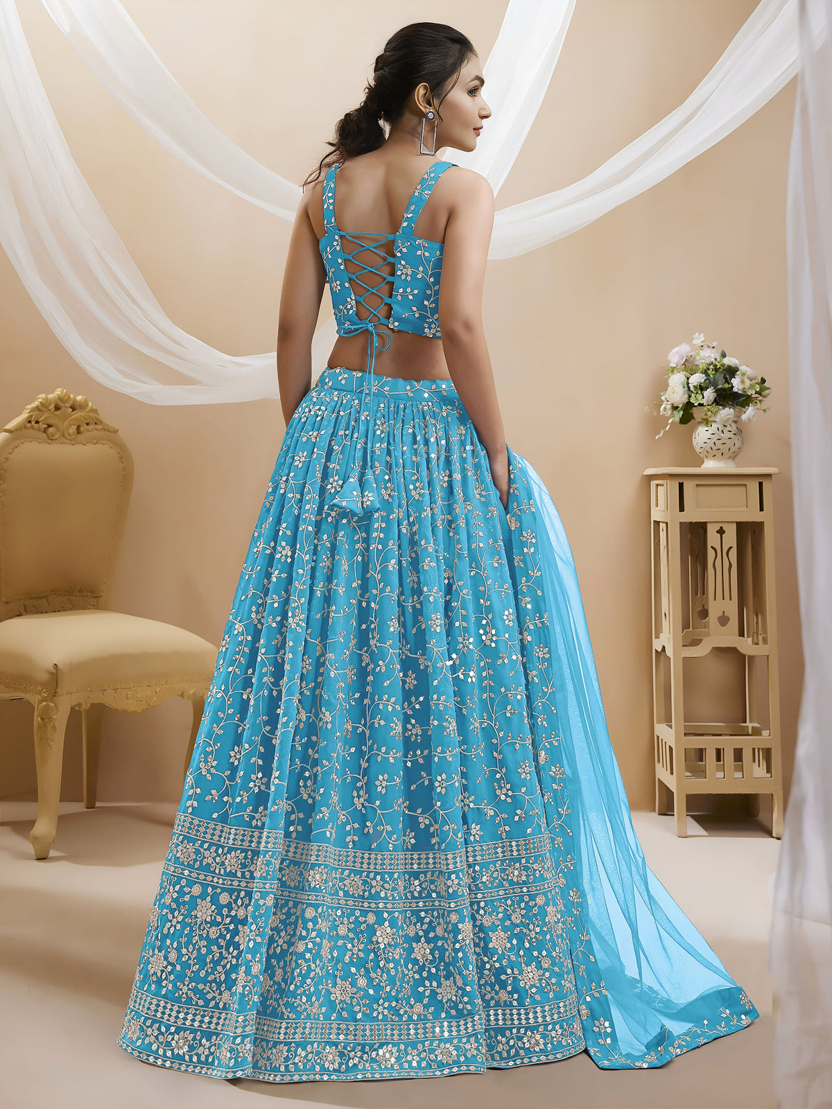 Sky Blue Sequins Zari Embroidered Georgette Lehenga for Wedding Guest