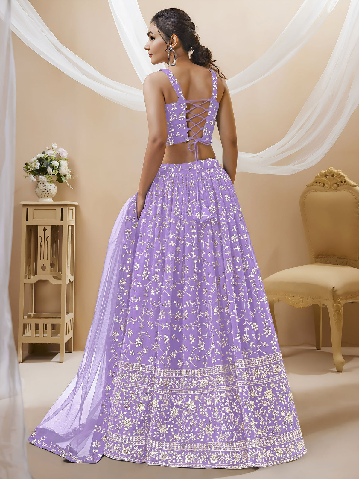 Lavender Sequins Zari Embroidered Georgette Lehenga for Wedding Guest