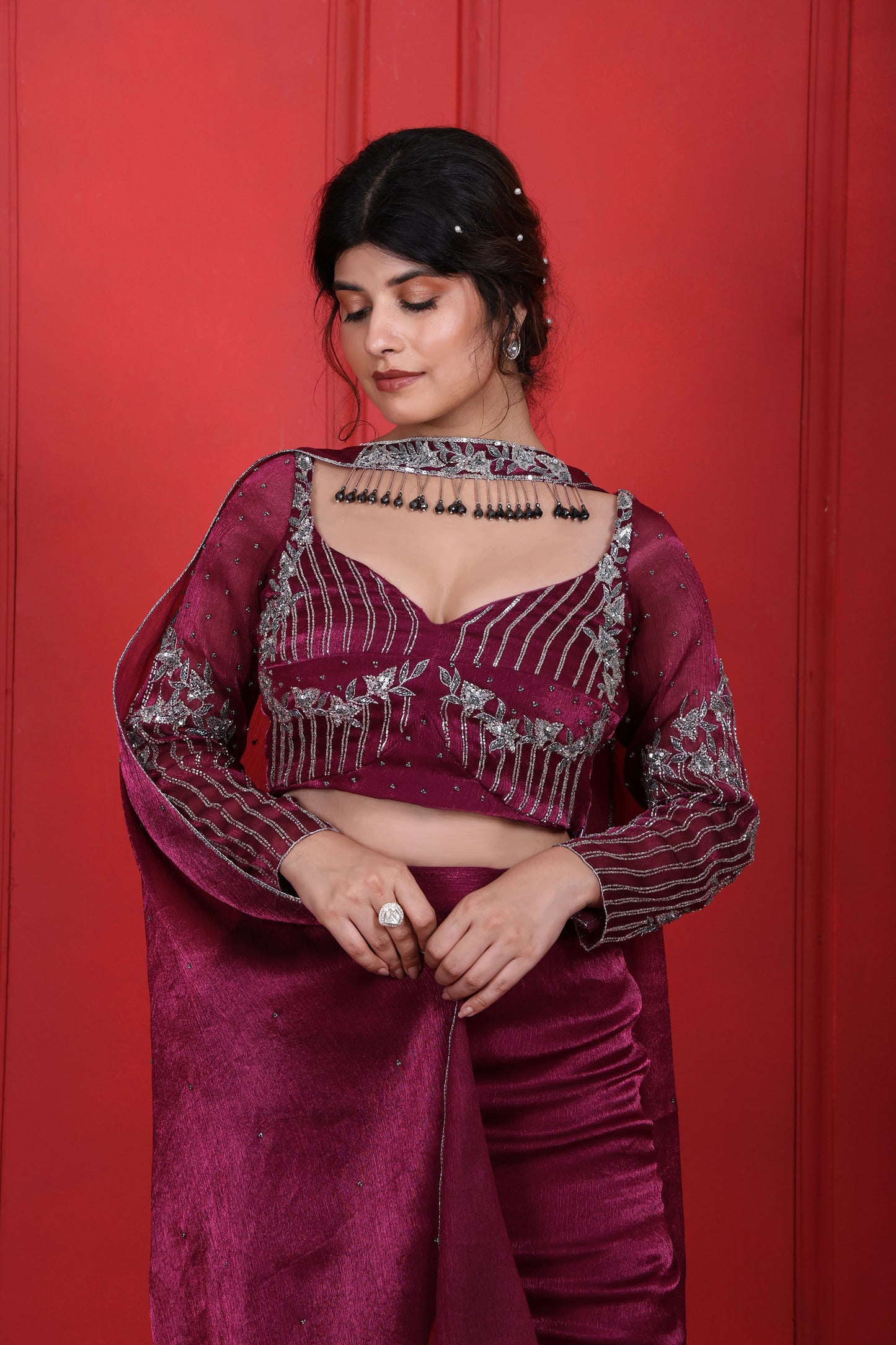 Pansy Purple Heavy Hand Embroidered Full Fitted Sleeves Choli With Pant & Choker Dupatta