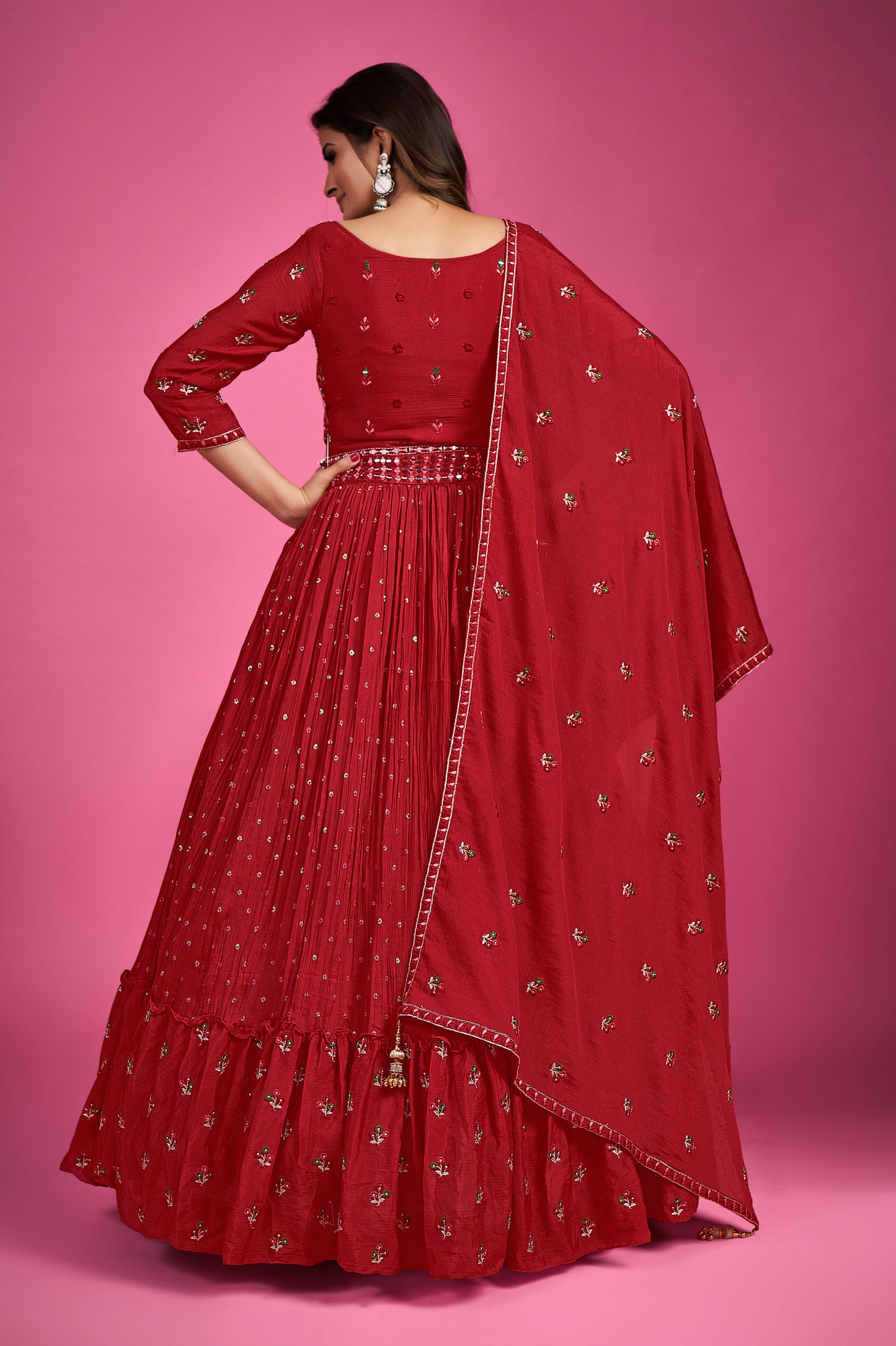 Red Thread Embroidery Chinnon Silk Party Wear Anarkali