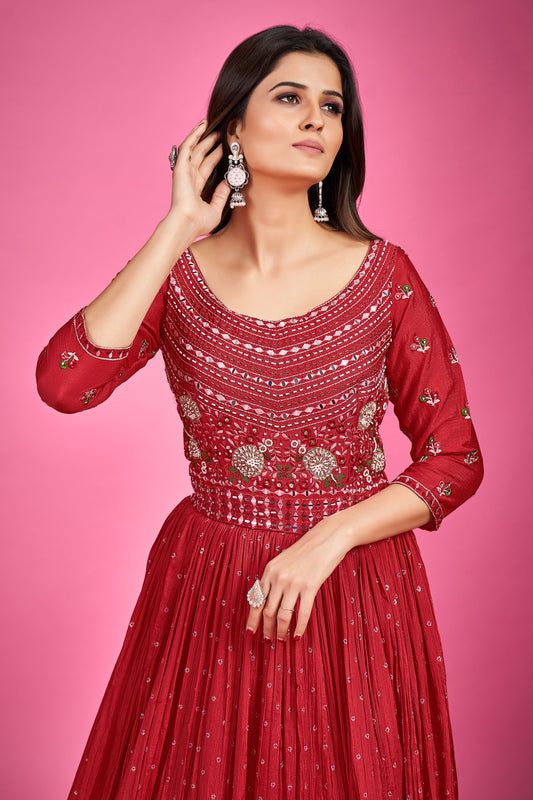 Red Thread Embroidery Chinnon Silk Party Wear Anarkali
