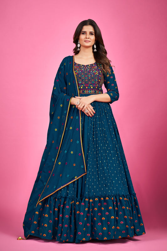 Navy Blue Thread Embroidery Georgette Party Wear Anarkali