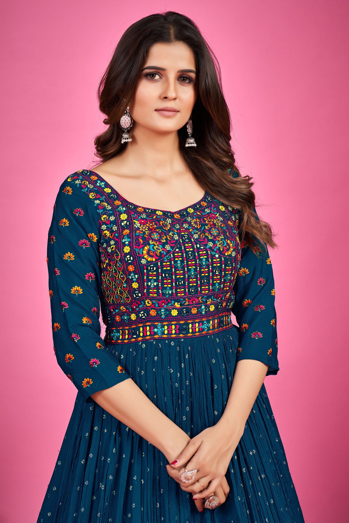 Navy Blue Thread Embroidery Georgette Party Wear Anarkali