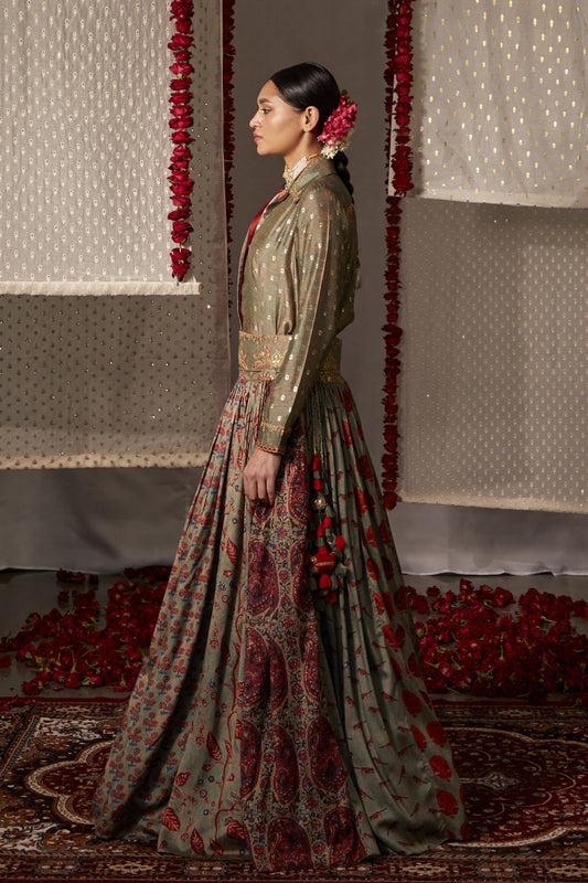 Olive green soft silk Indo-western Set