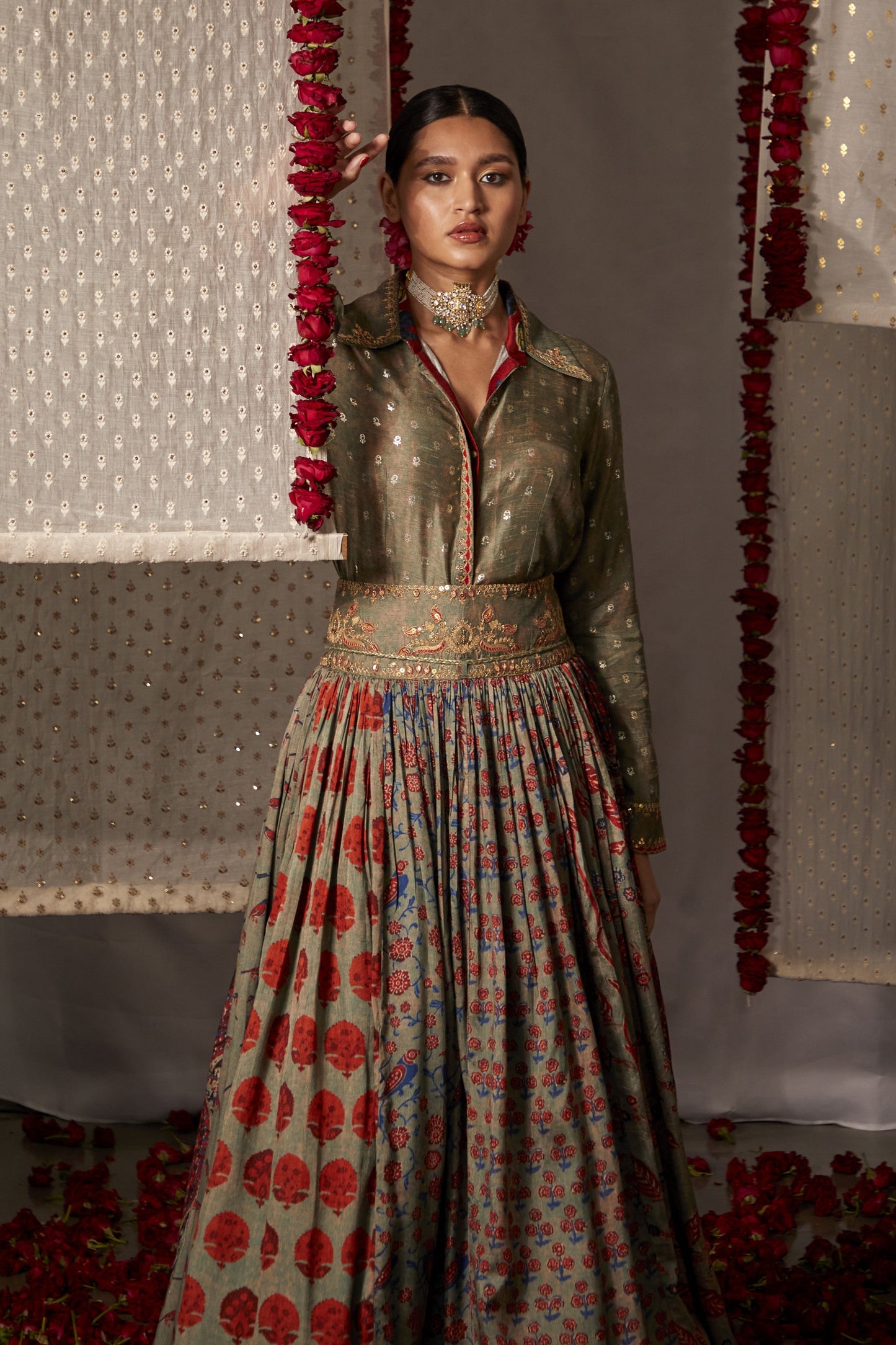 Olive green soft silk Indo-western Set