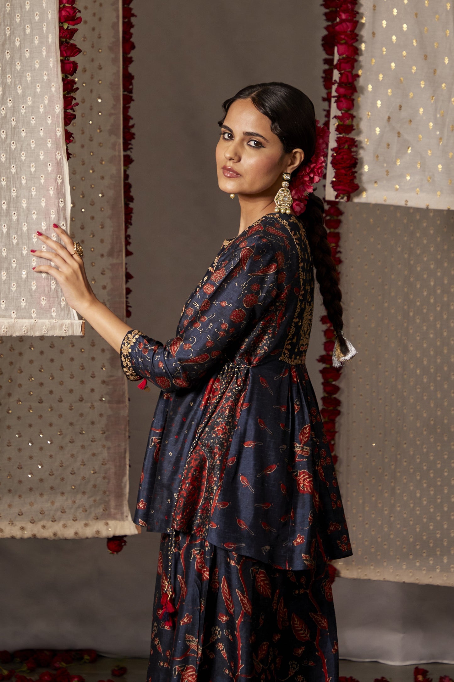Blue Slub Silk Printed Floral Round Peplum Kurta And Palazzo Set