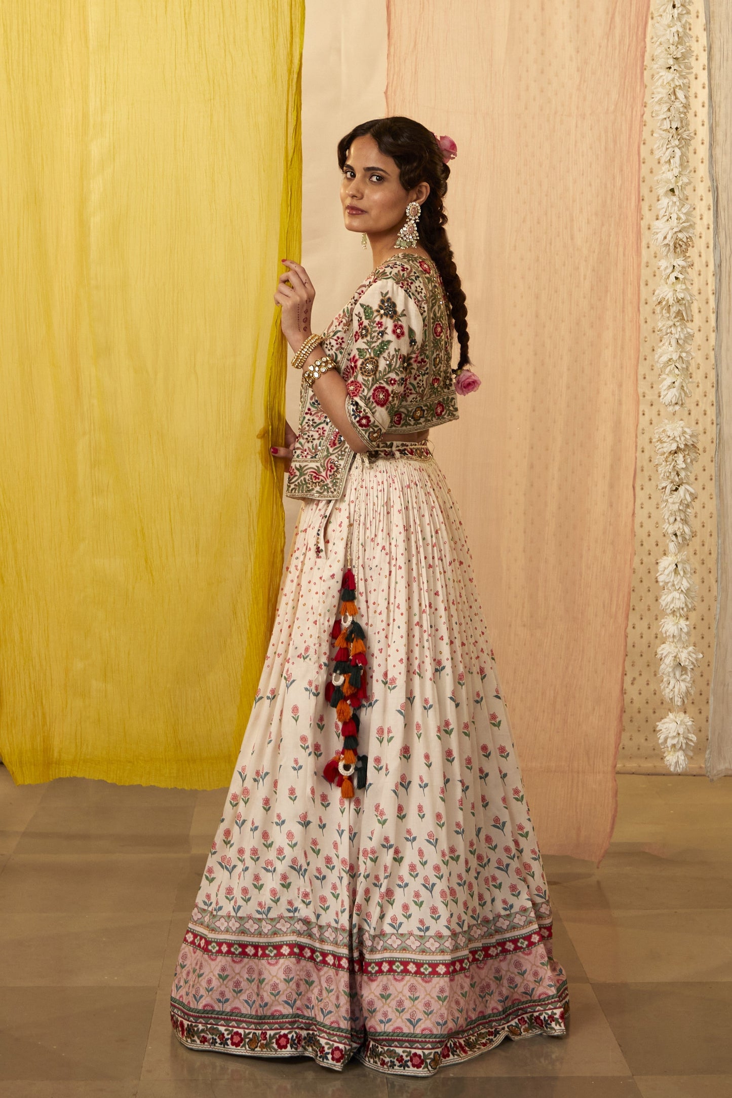 Ivory Slub Silk Printed And Embroidered Floral Round Lehenga Set