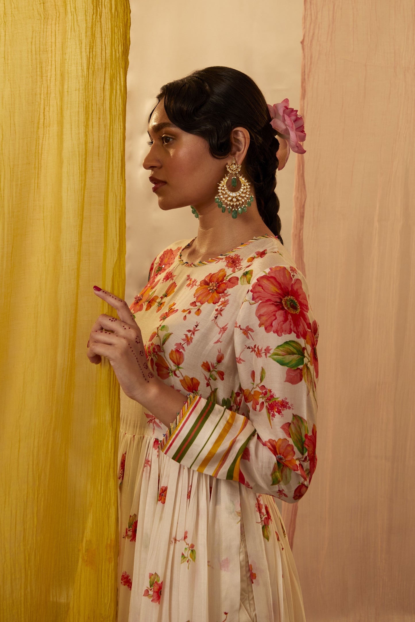 Ivory Modal Silk Printed Floral Round Anarkali Palazzo Set