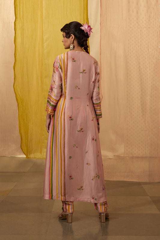 Pink Slub Silk Printed Floral Keyhole Kurta And Pant Set