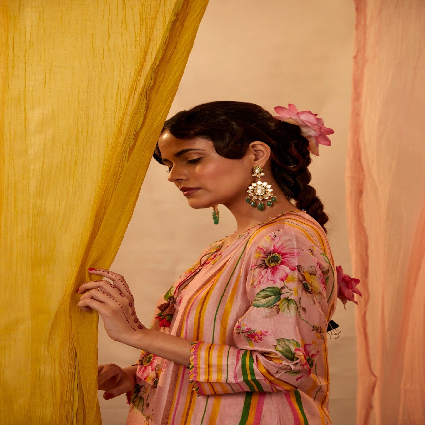 Pink Slub Silk Printed Floral Keyhole Kurta And Pant Set