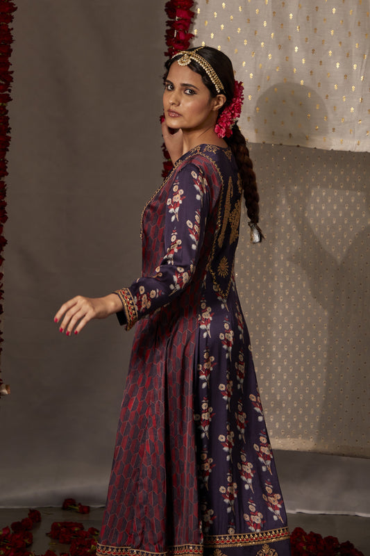 Oxford Blue Soft silk Long Anarkali set