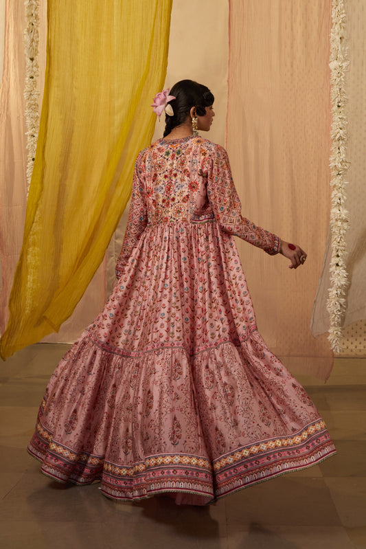 Pink Slub Silk Printed And Embroidered Floral Jacket: Palazzo Set