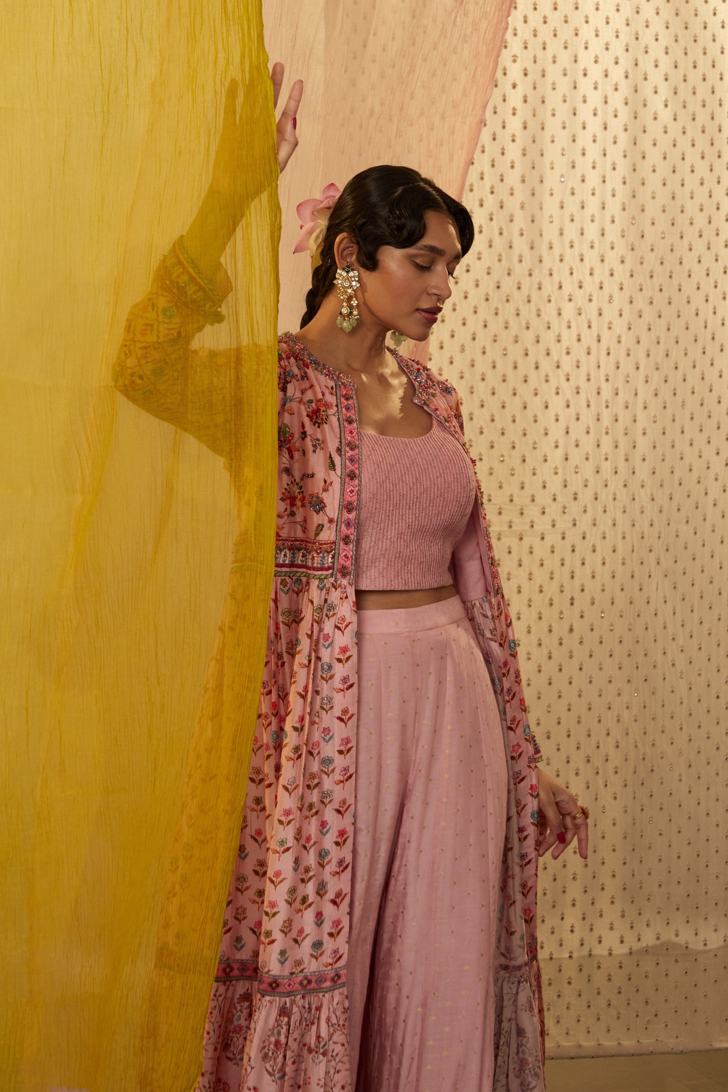 Pink Slub Silk Printed And Embroidered Floral Jacket: Palazzo Set