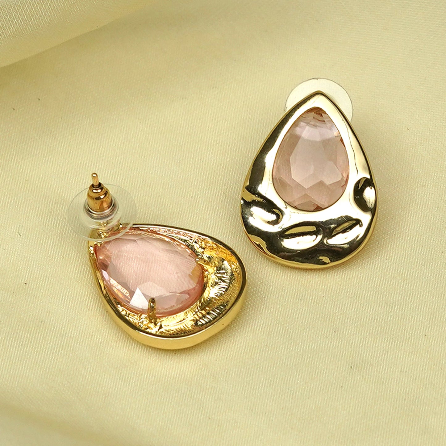 Zevar Club Matte Gold Tone Stainless Steel Tarnish Free Waterproof Tear Drop-Shaped Pastel Pink Stone Stud Earrings for Women