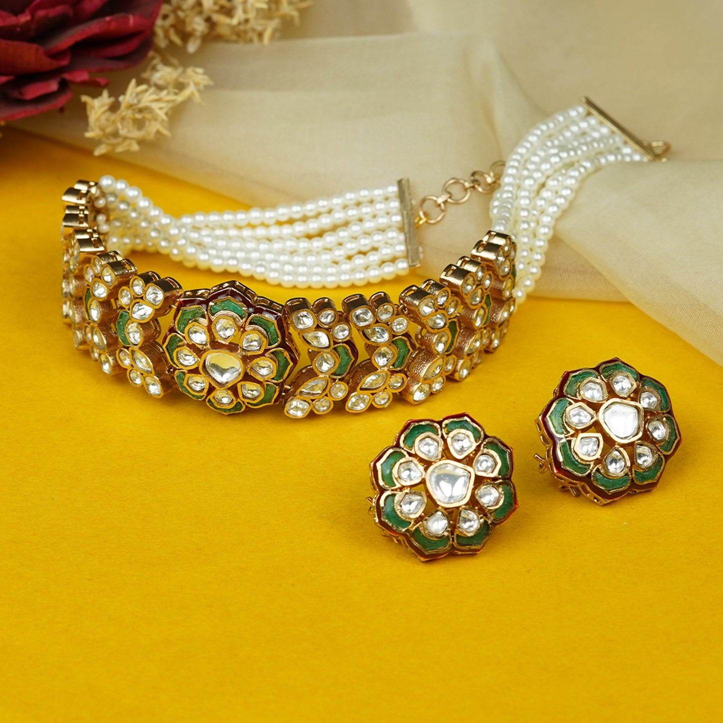 Zevar Club Emerald Green & Ruby Kundan Studded White Pearl Beaded Handcrafted Floral Choker Necklace Set with Earrings for Women & Girls – Premium Traditional Jewellery for Festive and Wedding Styling
