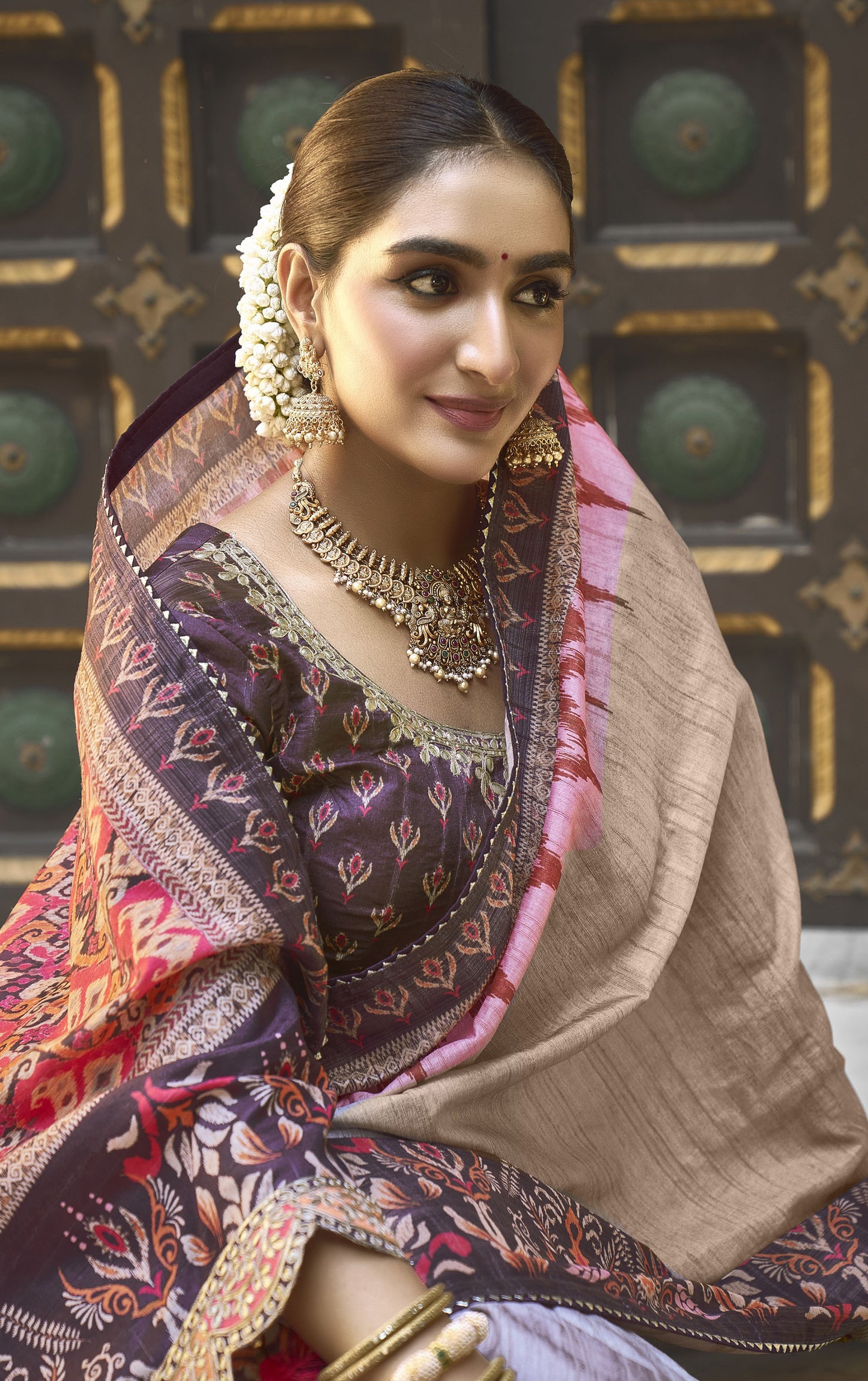 Beige & Purple Bhagalpuri Silk Gota Work Saree