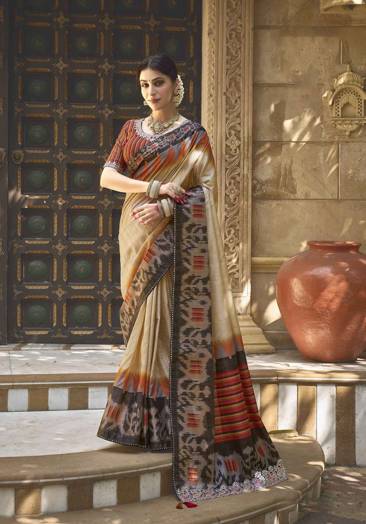 Cream Bhagalpuri Silk Gota Work Saree