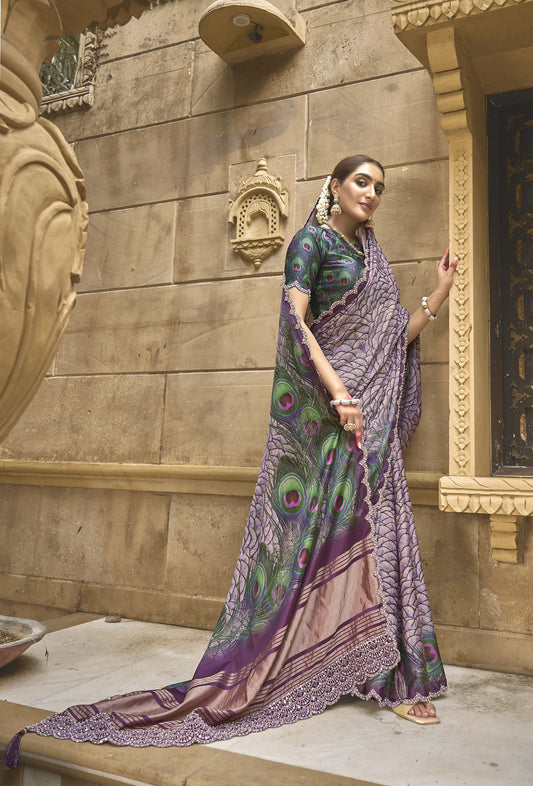 Purple Gajji Silk Diamond With Handwork Saree