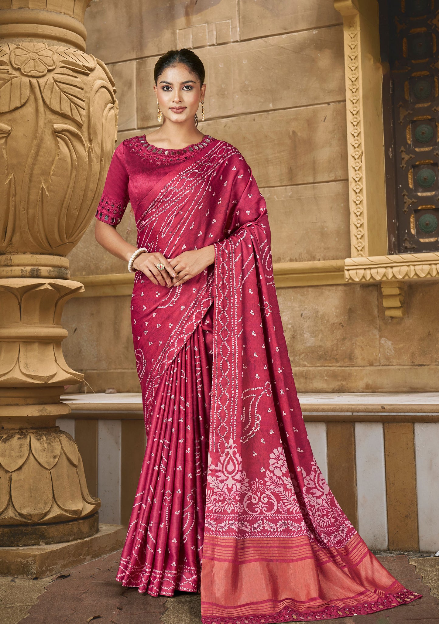 Pink Gajji Silk Bandhani Print with Mirror Hand Work Saree
