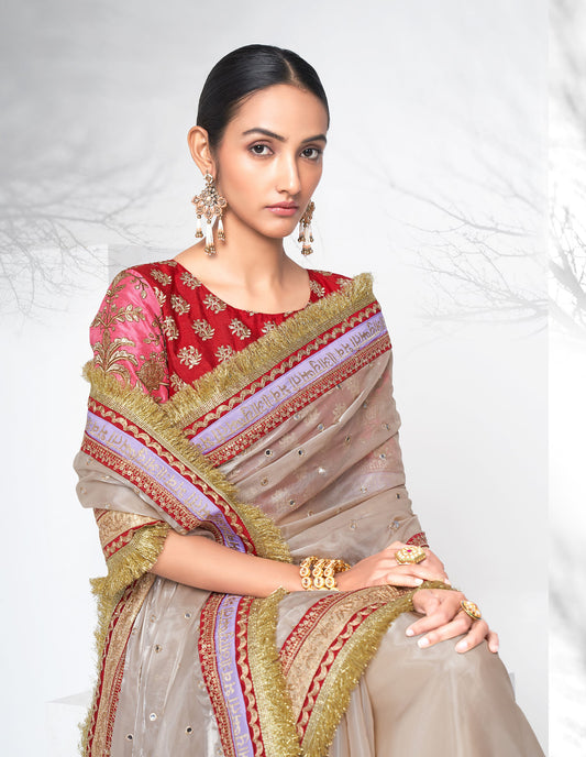 Mauve Color Floral Embroidered Organza Saree