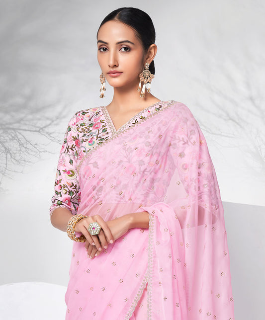 Pink Color Floral Embroidered Organza Saree