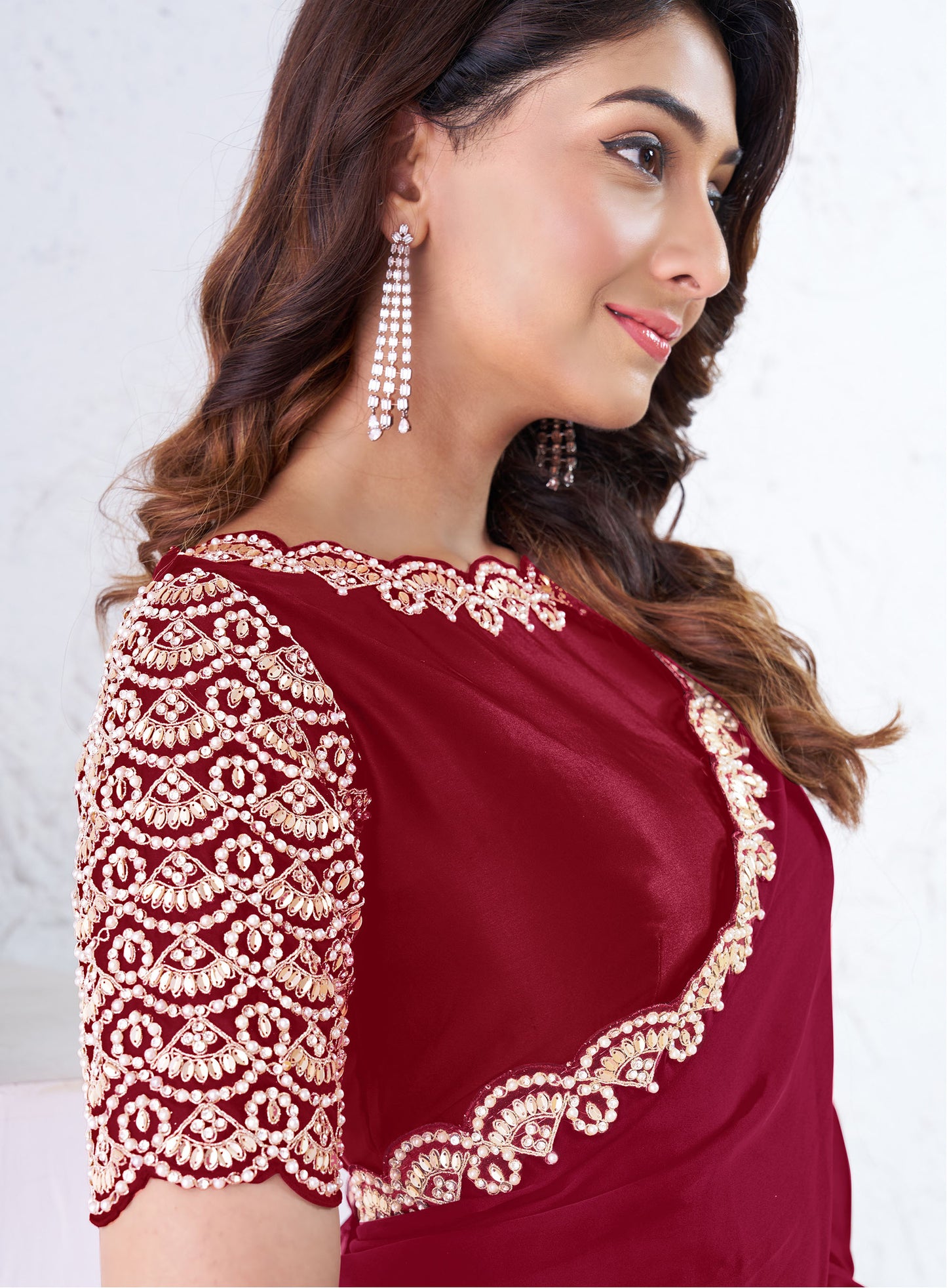 Red Crepe Silk Moti With Hand Work Saree