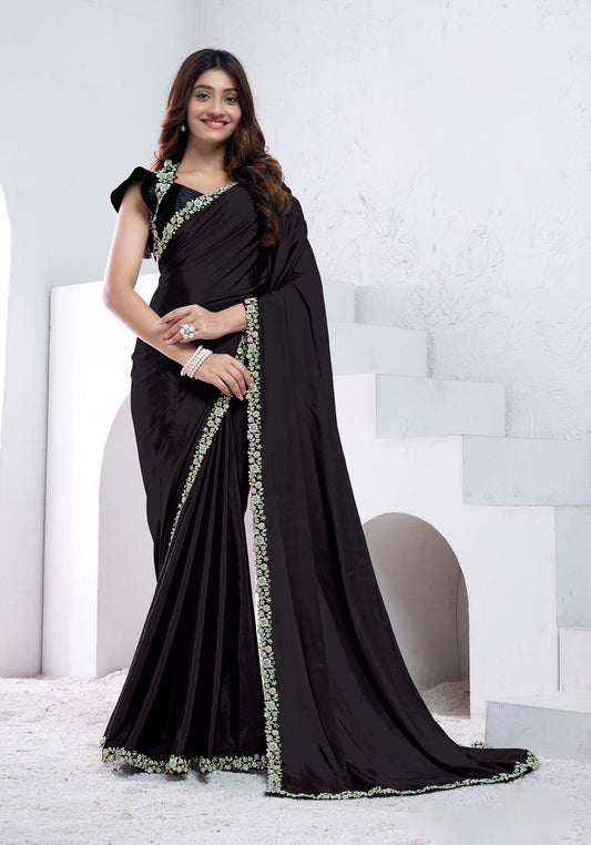 Black Crepe Silk Diamond With Hand Work Saree