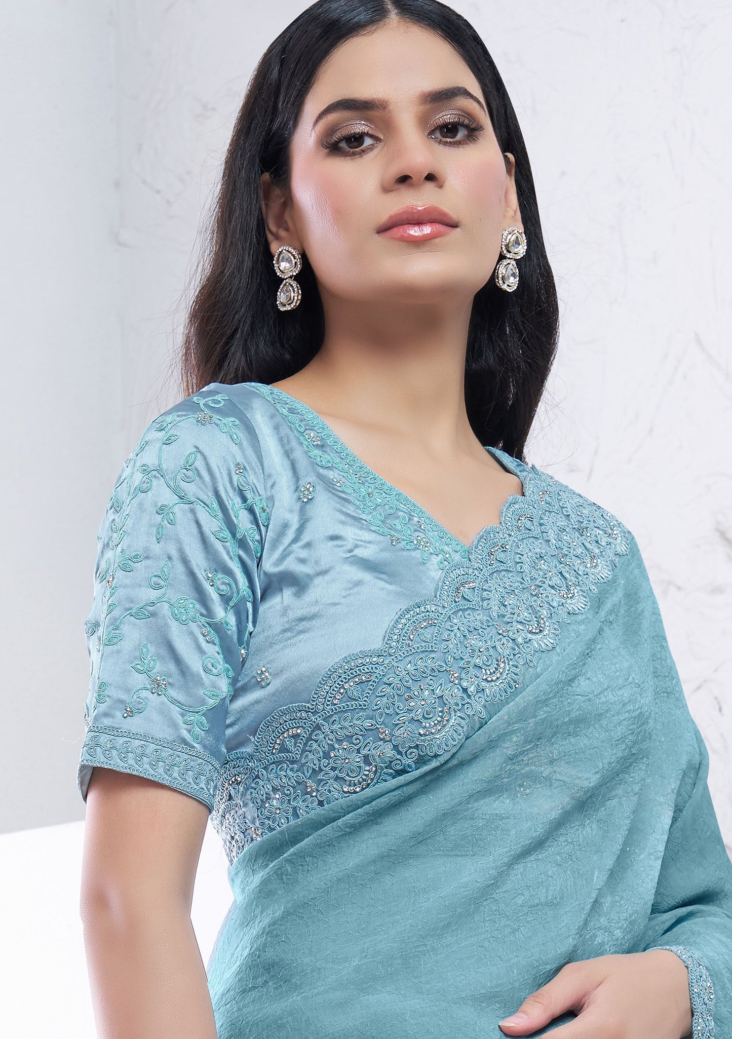 Aqua Blue Crush Pure Silk Diamond With Hand Work Saree