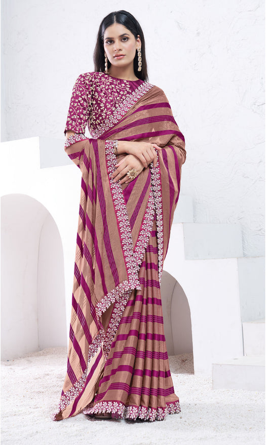 Brown & Purple Georgette Moti Hand Work Saree