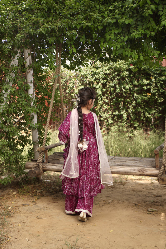 Purple Bandhaj Kurti with Pant