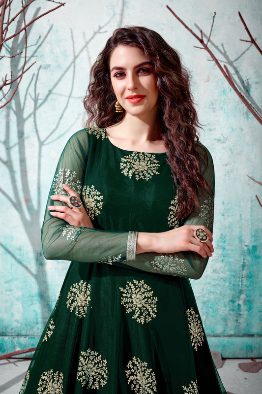 Green Metallic Foil Work Net Partywear Gown