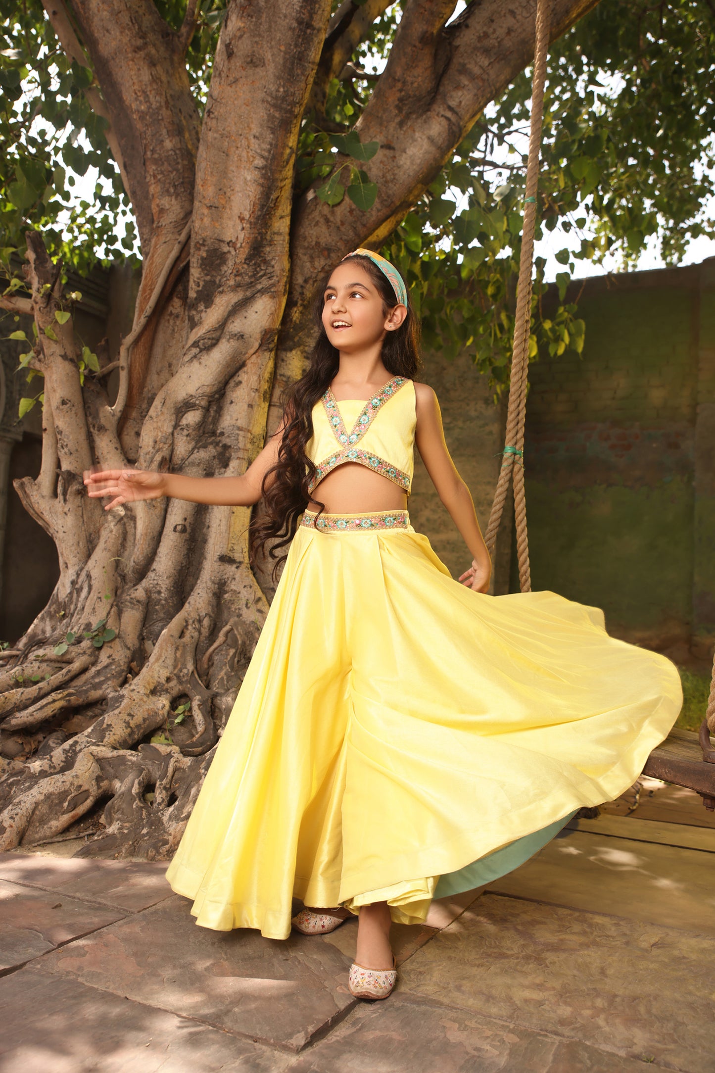 Yellow Crop Top with Pant and Printed Cape