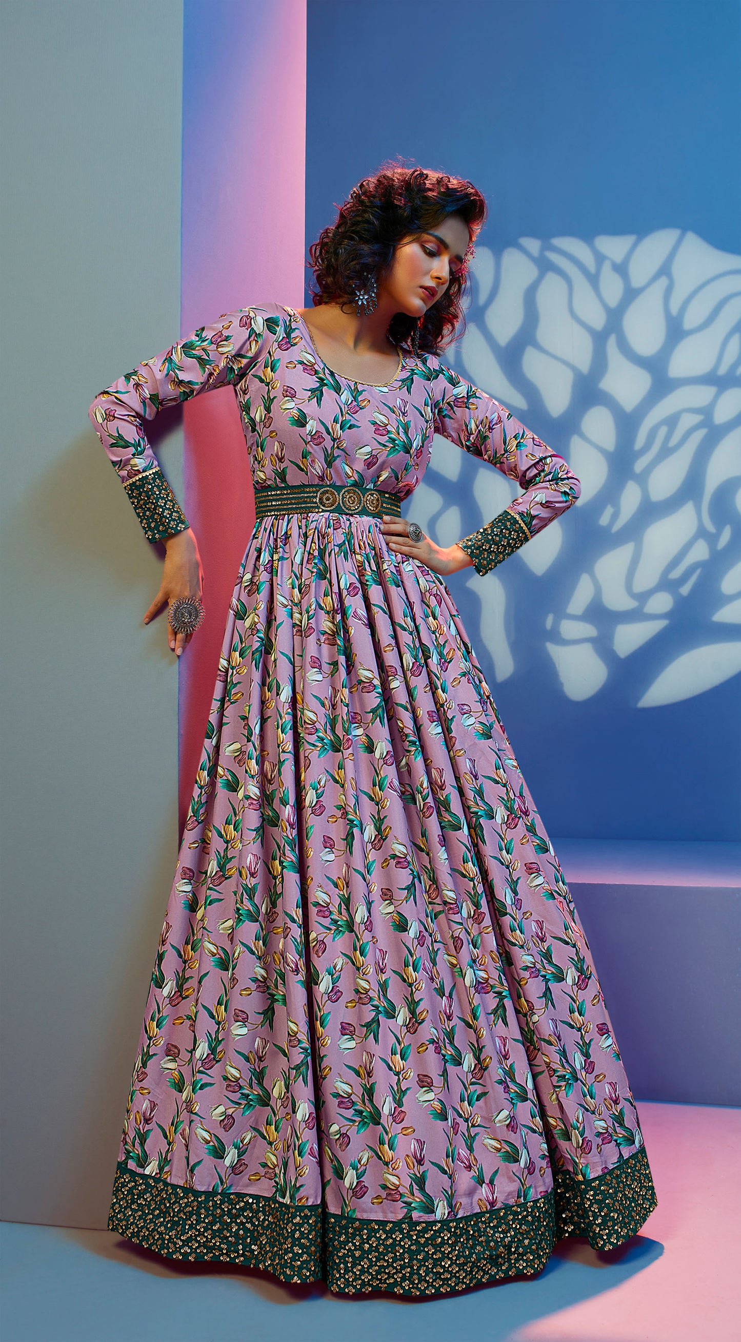 Purple Floral Printed Crepe Gown for Cocktail