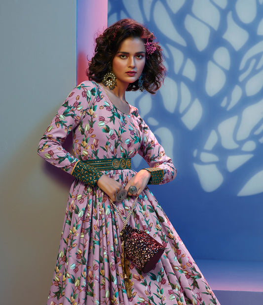 Purple Floral Printed Crepe Gown for Cocktail