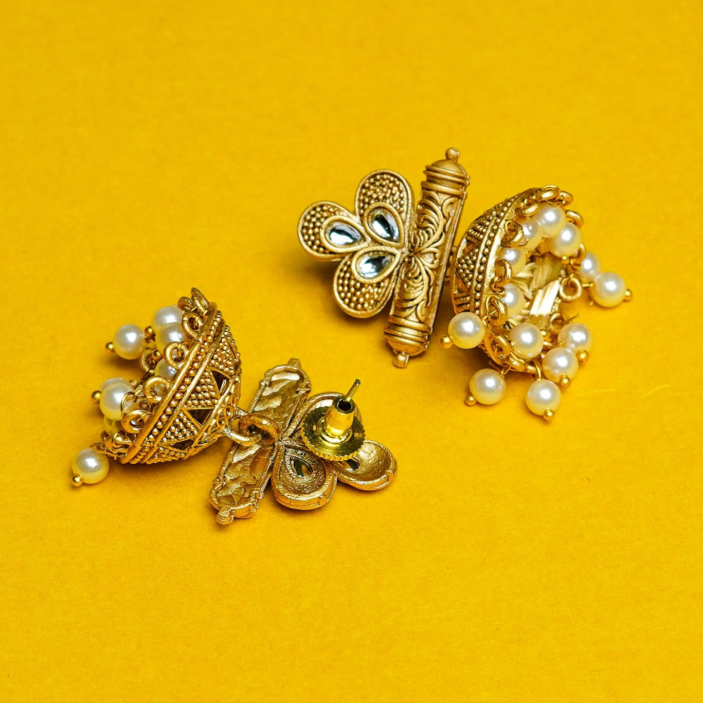 Zevar Club 18K Gold-Plated Green Stone Studded Dome Jhumka Earrings with Pearl Danglers