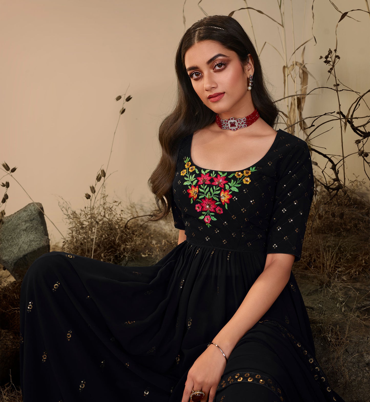 Black Georgette Sequence Work Partywear Anarkali